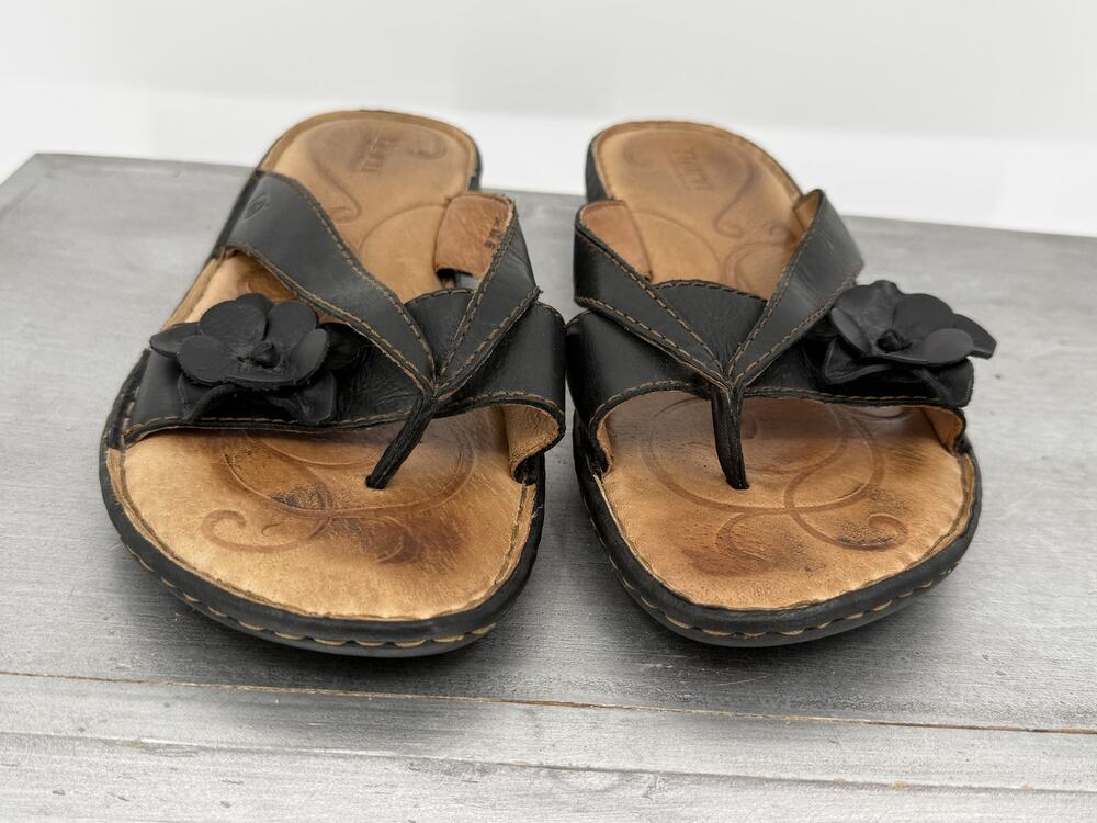 Born Born Women's Black Leather Floral Thong Comfort Sandals Flip Flops Size 9M
